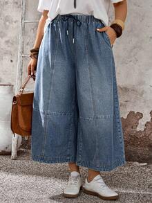 EMERY ROSE Mature Denim Quần jeans ống rộng, cạp chun, túi, dáng casual dành cho nữ cỡ lớn. - Màu xanh lam - Xem 5