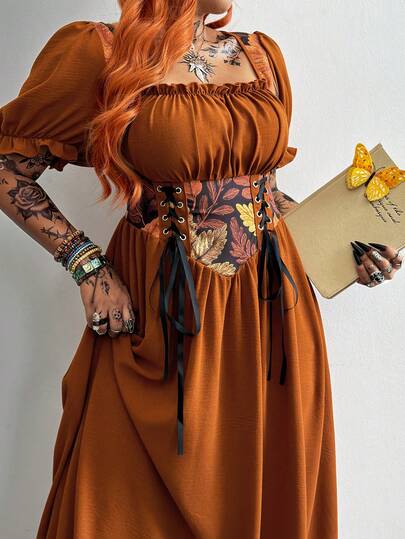 Whyspr Elegant Plus Size Renaissance Style Long Dress, Women's Square Neck Short Sleeve A-Line Dress, Waist Cinched Design, Botanical Digital Print, Drawstring Eyelets