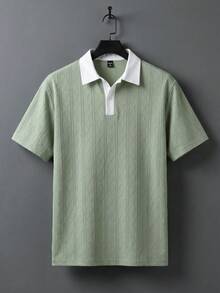 Manfinity Homme Men's Polo Shirt,Grey,Autumn,Smart Casual,Golf,Contrast Color Casual Knit,Old Money Diamond Pattern Textured Short Sleeve Top,Retro Fashionable Style - Green - View 5
