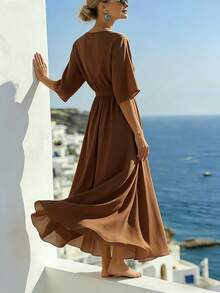 SHEIN Holidaya 女士优雅深V领收腰长裙 - 咖啡 - 查看 2