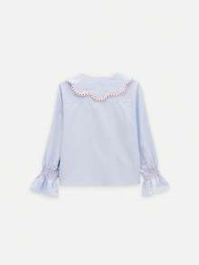 Nöista Striped Blouse With Floral Trim And Puff Sleeves For Summer Vacation And Casual Chic Looks. - Blue - View 8
