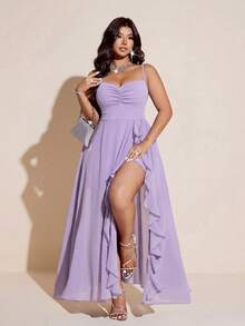 Viva Relle Đầm chiffon thanh lịch, lãng mạn dành cho nữ cỡ lớn, dây mảnh, viền bèo nhún, xẻ tà cao, thích hợp cho tiệc tùng, đám cưới, phù dâu, dạ hội, màu tím. - Màu tím hoa cà - Xem 3