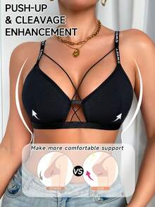SHEIN Elacene 女士字母肩带舒适镂空文胸 - 黑色 - 查看 3