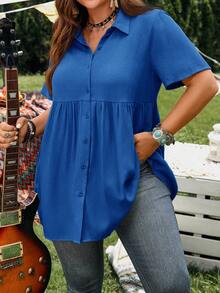 EMERY ROSE Short Sleeve Blue Button-Up Shirt, Casual Vacation Shirt With Longer Back, Plus Size, Suitable For Spring & Summer  Summer Spring Clothing Country Sty - Royal Blue - View 7