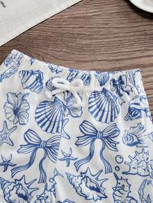 SHEIN Bộ áo thun và quần short in hình đại dương cho bé gái. - trắng - Xem 7