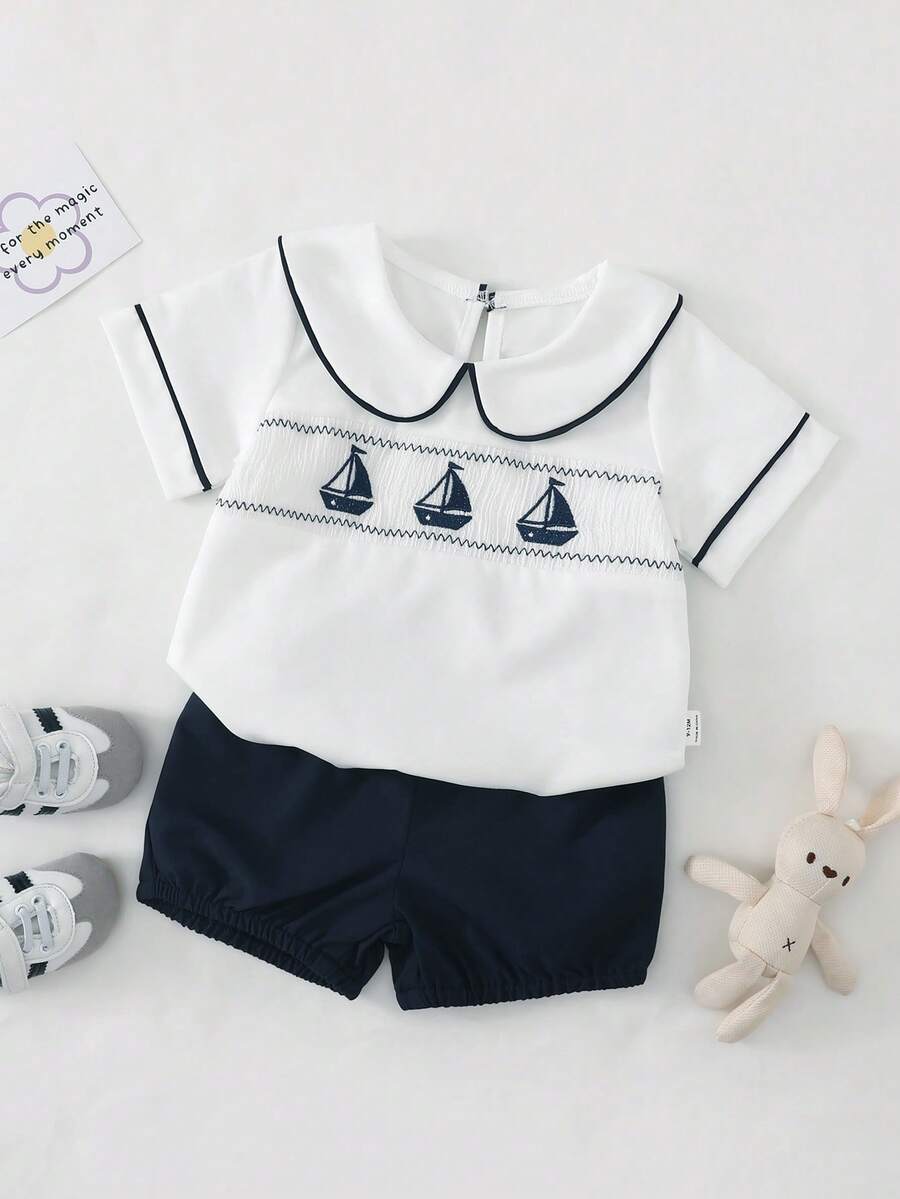 SHEIN Playful Pals 2件組男嬰水手領襯衫與短褲套裝,海軍藍與白色,夏季可愛城市度假風,新生兒1歲生日正式服飾,花童婚禮派對套裝 - 藏蓝色 - 查看 1