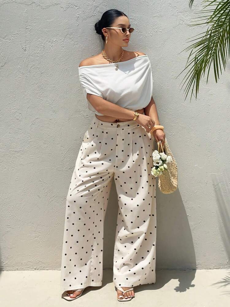 Dazy Plus Elastic Waist Loose Polka Dot Wide Leg Pants, Fashionable Casual Resort Style, Plus Size Women, Spring/Summer, White