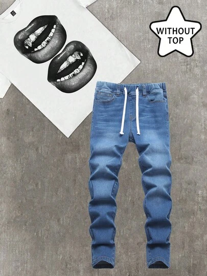 SHEIN Tween Boy Fashion Casual Y2k Vintage Cool Street Drawstring Elastic Waist Design Tight Jeans For Kids Clothes Tween Boy Dailywear And Kids Spring To Summer Rave Outfits Festival And Outfits Streetwear Clothes Festival Outfits