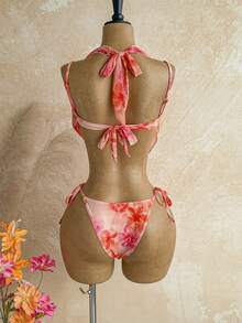 Soleia Orange Digital Print Bikini Set, Includes Bikini Top And Sheer Sarong Skirt, Sexy - Multicolor - View 2