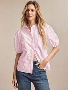 Camisa casual de nueva temporada primavera/verano con cuello de volantes, abotonadura frontal, bordado y mangas con diseño de pétalos.Versátil para múltiples ocasiones como oficina, trayecto, negocios, estilo Y2K - Rosa - Ver 6