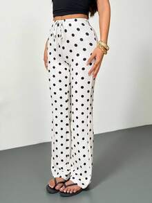 SHEIN PETITE Quần dài đen trắng, Xuân/Hè, Giáng sinh, Năm mới, Quần ống loe dệt kim chấm bi đen trắng, Quần ống rộng có dây rút cho nữ, Quần dài đen trắng, Quần chấm bi, Quần chấm bi đen trắng, Thu, Trang phục thu đông cho nữ, Trang phục xuân hè cho nữ - Đen và trắng - Xem 6