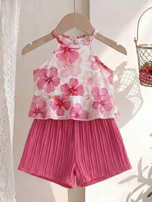 SHEIN Playful Pals 2件套女婴幼儿/新生儿0-3岁春夏多巴胺活力色彩度假无袖上衣+短裤套装，婴儿春夏服装 - 淺粉色 - 查看 4