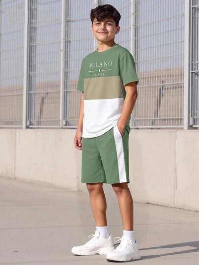 Vacaura Bộ 2 món đồ thể thao cho bé trai tuổi teen, gồm áo thun ngắn tay cổ tròn in chữ và quần short, thích hợp mặc ngoài trời và đi làm, mùa hè.