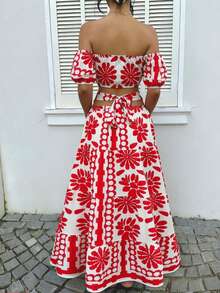 Rafferiza Đầm casual - Đầm casual đi nghỉ mát, đầm trễ vai thắt nơ sau lưng dành cho nữ, đầm hè nữ, quần áo nữ, đầm in hoa, đầm hè trễ vai. - Đỏ - Xem 2