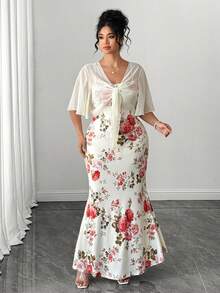 SHEIN Clasi Plus Size Women Square Collar Bow Chiffon Blouse Printed Fishtail Hem Dress Set Wedding Mother Of The Bride Formal Beige White Summer Elegant - Apricot - View 4