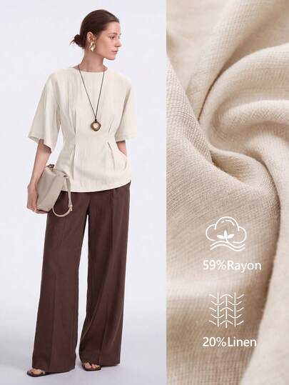 Aalyst Áo kiểu nữ tay ngắn dáng chữ A, cổ tròn, xếp ly eo, chất liệu pha lanh, thanh lịch kiểu Pháp lãng mạn cổ điển, thích hợp cho công sở, đi biển, mặc thường ngày, bộ sưu tập xuân/hè mới.