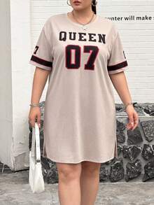 SHEIN CURVE+ 大码音乐节T恤，休闲简约大码莲花纯色圆领宽松短袖连衣裙，适合夏季穿着 - 杏色 - 查看 2