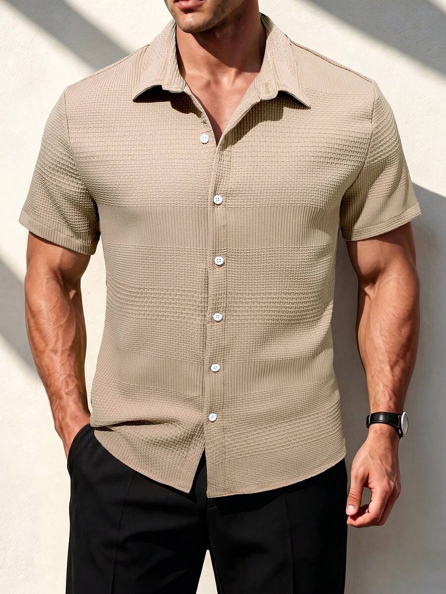 Manfinity Homme Áo sơ mi nam tay ngắn màu trơn, kiểu dáng casual, thích hợp làm quà tặng cho bạn trai, áo sơ mi nam mùa hè, áo trắng nam, áo sơ mi nam màu trắng. - Lạc đà - Xem 1