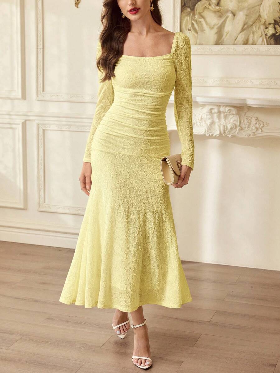 Vintamour Vintage Classic Elegant Women's Dress, Spring/Summer Fitted Jacquard Knit Dress, Square Collar Dress, Mermaid Hem Bodycon Dress, Apricot Dress - Pale Yellow - View 1