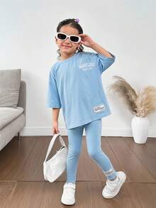 SHEIN 2pcs/Set Young Girl Solid Color Letter Print Loose Fit Round Neck T-Shirt And Pants Set - Multicolor - View 3