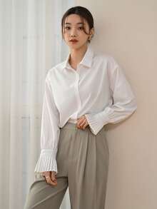 DAZY Camisa con puños plisados y hombros caídos, blusas de manga larga, ropa de otoño con estilo preppy - Blanco - Ver 7