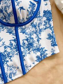 Soleia Plus Size Vintage Floral Contrast Color Camisole For Women, Suitable For Holiday, Date, Afternoon Tea, Vacation, Music Festival, Bohemian Style - Blue and White - View 4