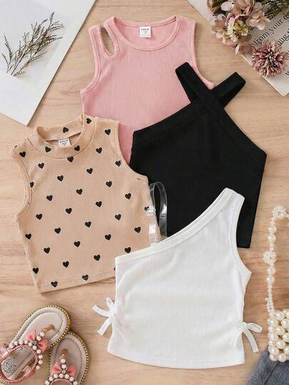 Bộ 4 áo vest dệt kim họa tiết trái tim màu trơn dành cho bé gái