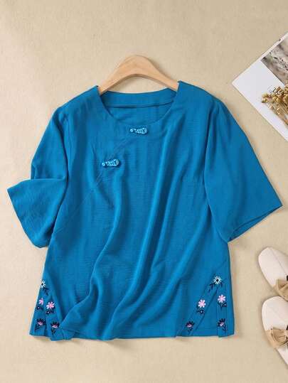 Plus Size Women Embroidered Hem Button-Up Round Neck Blouse Summer Outfit For Festival Outfits Beach Vacation Holiday Country Concert