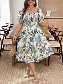 SHEIN LUNE CURVE Gaun Kasual Musim Panas Ukuran Besar Motif Bunga Leher Persegi Lengan Mengembang - MultiWarna - View 5