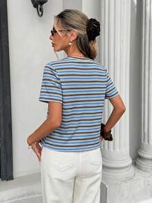 SHEIN Frenchy Áo thun nữ tay ngắn cổ tròn dáng rộng, bất đối xứng, màu xanh dương, có gân, kiểu dáng đa năng, phù hợp cho mùa xuân/hè và mùa thể thao. - Nhiều màu - Xem 2