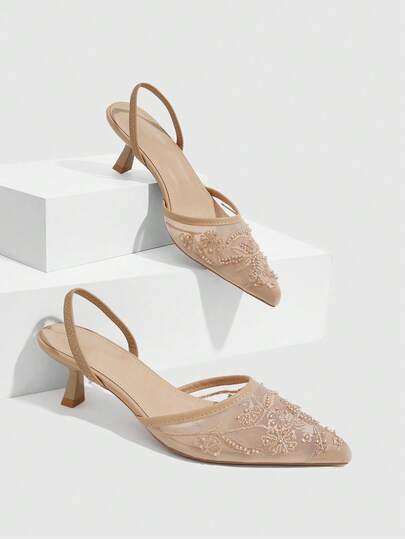 CUCCOO SZL Women's Pointed Toe High Heel Sandals With Pearl Embroidered Mesh Elements, Elegant And Fashionable, Suitable For Weddings, Afternoon Tea Parties, Valentine's Day, Bridesmaids, Brides