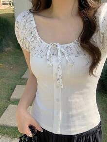 DAZY Women's Floral Print 2 In 1 Patchwork Short Sleeve T-Shirt - Beige - View 1