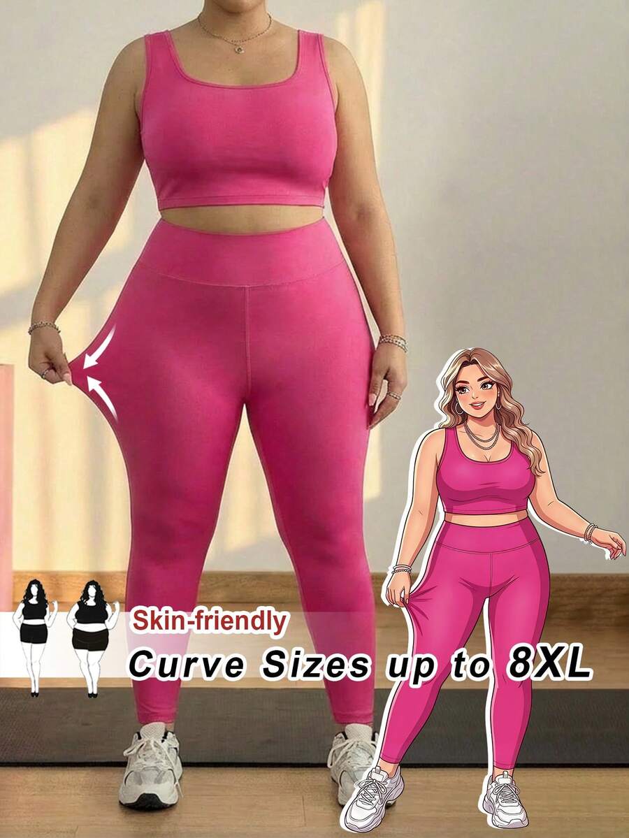 SHEIN CURVE+ Bộ đồ nữ cỡ lớn mùa hè thường ngày, Bộ đồ thường ngày nữ, Bộ áo vest và quần legging nữ, Bộ đồ thể thao nữ 2 món, Quần vải co giãn cao, thấm hút mồ hôi, nhanh khô, 2 món