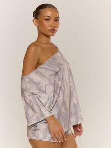MUSERA Printed One Of The Shoulder Graphic Grey Oversized Casual Cropped T-Shirt Cool Girl Costumes For Women Spring Summer Everyday - Multicolor - View 3