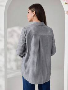 Veilorie New Embroidered Striped Casual Comfortable Daily Versatile Long Sleeve Shirt - Dusty Blue - View 7