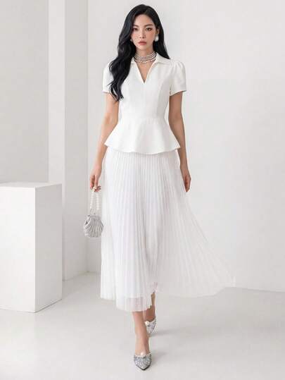 Heiryn Women's Solid Color Pleated Casual Party Midi Dress