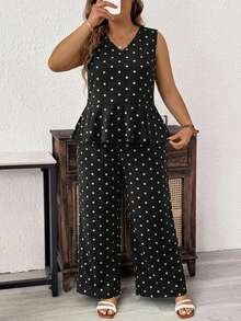 SHEIN LUNE 2 piezas Conjunto informal retro de blusa holgada de cuello en V con estampado de lunares y pantalones de pierna ancha, adecuado para el verano, conjunto de 2 piezas en negro - Multicolor - Ver 4