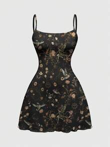 ROMWE Goth Women's Floral Print Fashion Date Party Mini Camisole Dress - Black - View 1