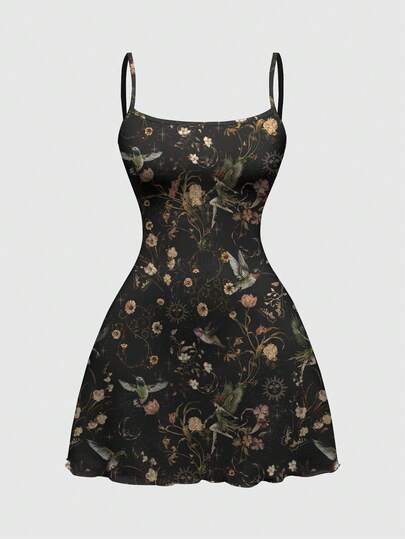 ROMWE Goth Women's Floral Print Fashion Date Party Mini Camisole Dress