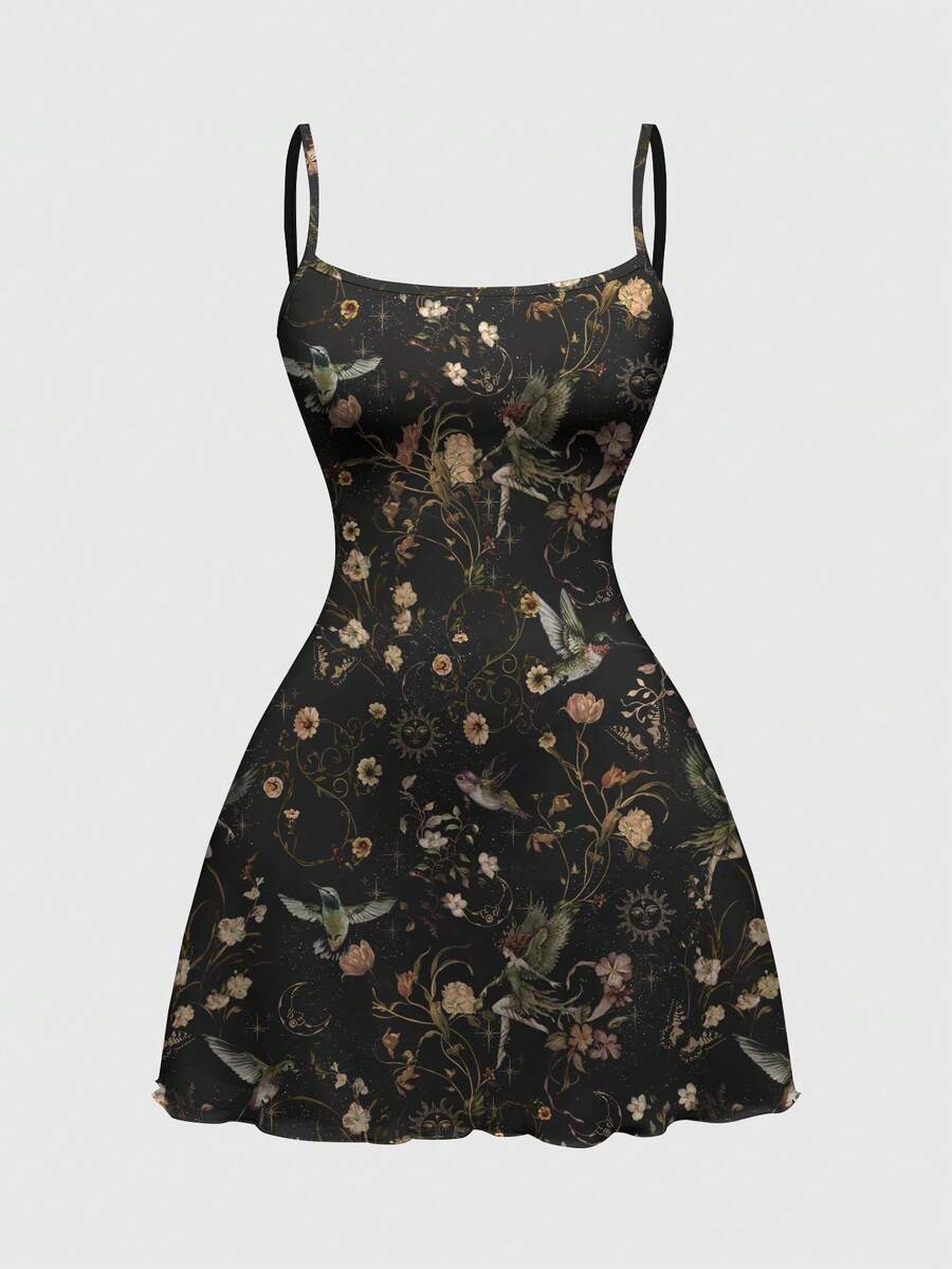 ROMWE Goth Women's Floral Print Fashion Date Party Mini Camisole Dress - Black - View 1