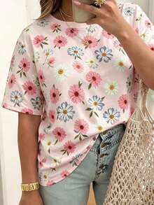 EMERY ROSE Elegant Floral T-Shirt, Floral Top, Summer Fashionable T-Shirt - Multicolor - View 3