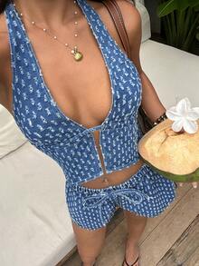 Sunnyshic Bộ đồ nữ gồm áo hai dây buộc cổ yếm khoét lỗ, rách tua rua và quần short denim thường ngày. - Màu xanh lam - Xem 4