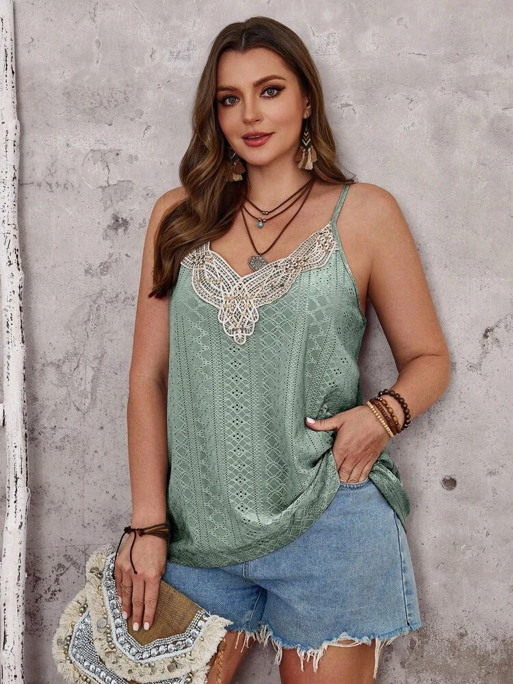 Plus Size Casual Daily Patchwork Lace Crochet Embroidery Camisole, Spring/Summer\Vacation, Summer Tops