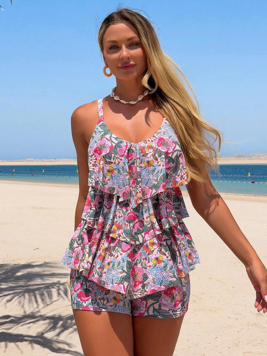 Swim Lushoire Rainbow Layered Beach Holiday Vacation Camisole Tank Top Bikini For Women Summer Casual - Multicolor - View 1