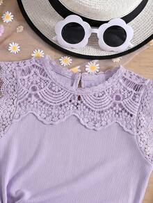 SHEIN Áo hai dây cổ tròn phối ren màu trơn cho bé gái, kiểu dáng thường ngày. - Màu tím hoa cà - Xem 5