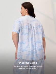 LUVLETTE 大码柔软人造丝度假风印花短袖基础款纽扣上衣和裤子家居服透气睡衣套装裤子带口袋新娘内衣 - 藍色 - 查看 7