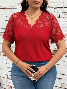 SHEIN Clasi Plus Size Women V-Neck Lace Patchwork Casual Versatile Daily Wear T-Shirt - Red - View 4