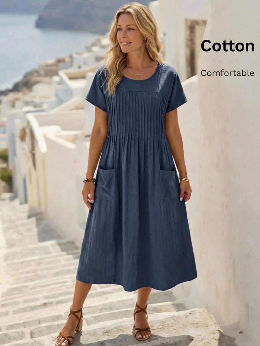 SHEIN LUNE Gaun Terusan Guru dengan Detail Lipatan dan Saku Polos - Navy Blue - View 1
