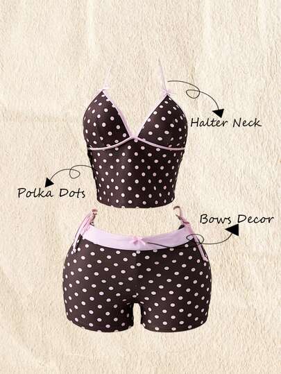 Swim Mod 3pcs Women's Polka Dot Printed Bow Decor Cute Sweet Halter Tankini Top And Beach Shorts Set