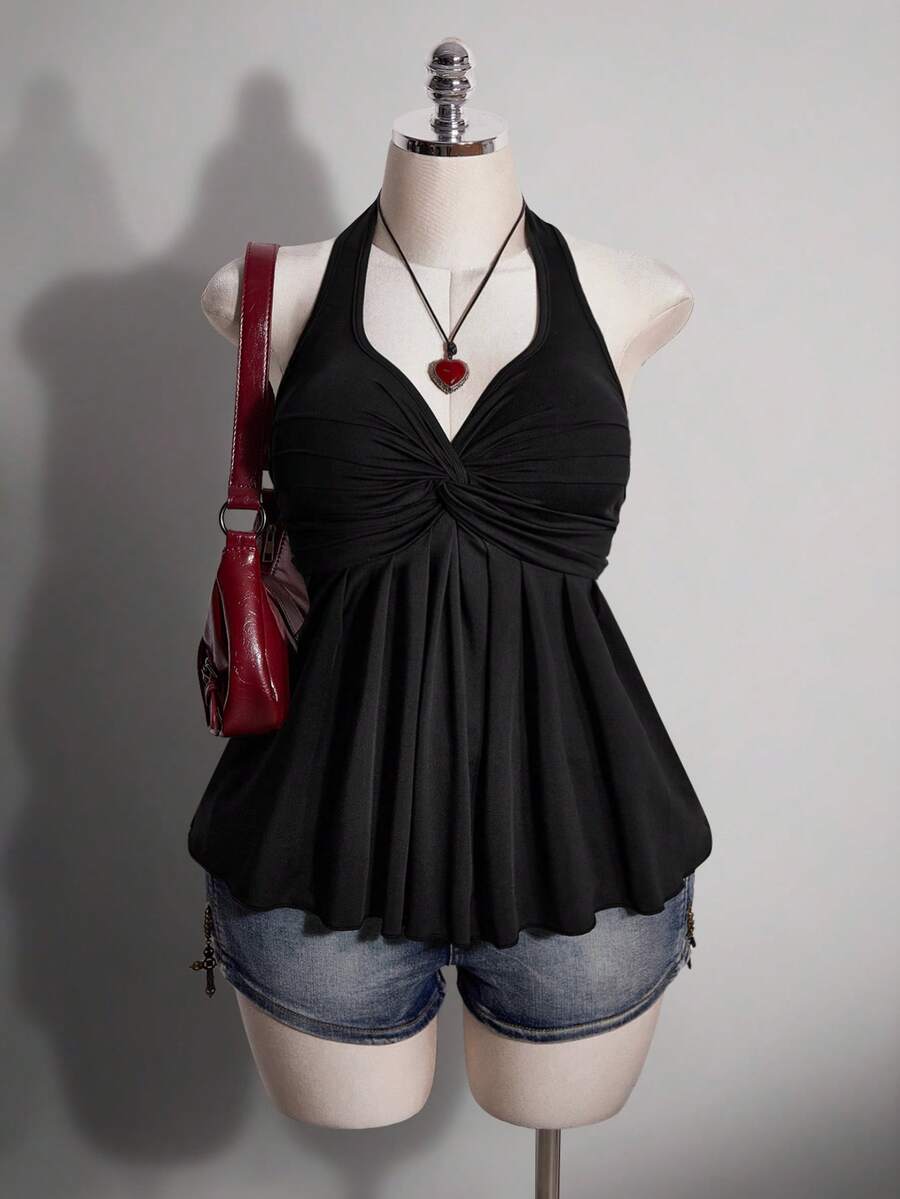 SHEIN ICON 女士加大码春夏复古性感简约休闲时尚个性现代都市通勤工作千禧风Y2K甜心领露背系带胸前打结褶裥下摆黑色修身上衣 - 黑色 - 查看 1